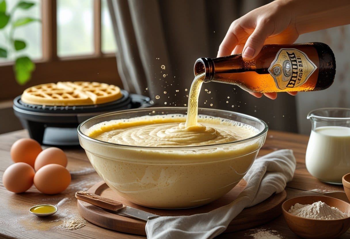 A kitchen with a bowl of waffle batter into which beer is poured, surrounded by ingredients and a waffle iron in the background.