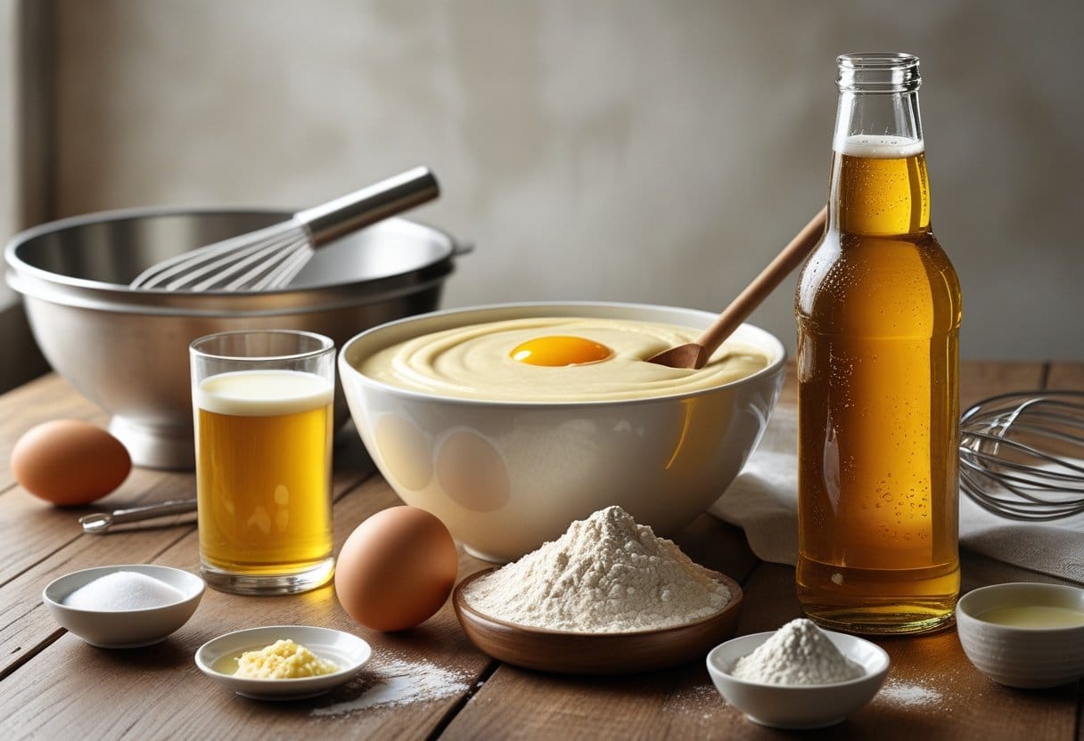 Essential ingredients for beer waffle batter laid out on a wooden table, including a bottle of beer, eggs, flour, milk, melted butter, and sugar.