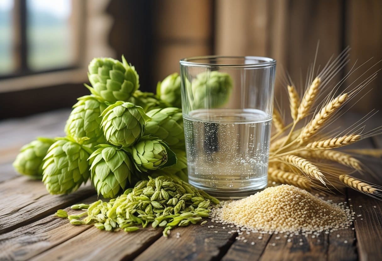 A wooden table with green hop cones, golden barley ears, a container of clear water, and a pile of brewer's yeast.