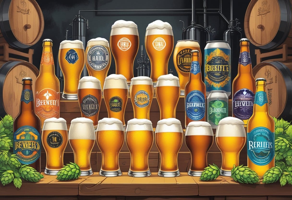 An illustration showing several glasses of IPA beer with bottles and cans, surrounded by brewery elements such as barrels and hop cones.