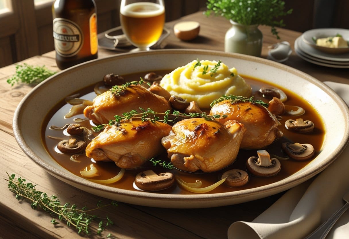 A plate of beer-braised chicken with mashed potatoes and mushrooms on a rustic wooden table.