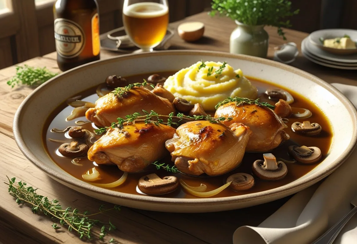 Une assiette de coq à la bière avec du poulet braisé, des pommes de terre en purée et des champignons sur une table en bois rustique.