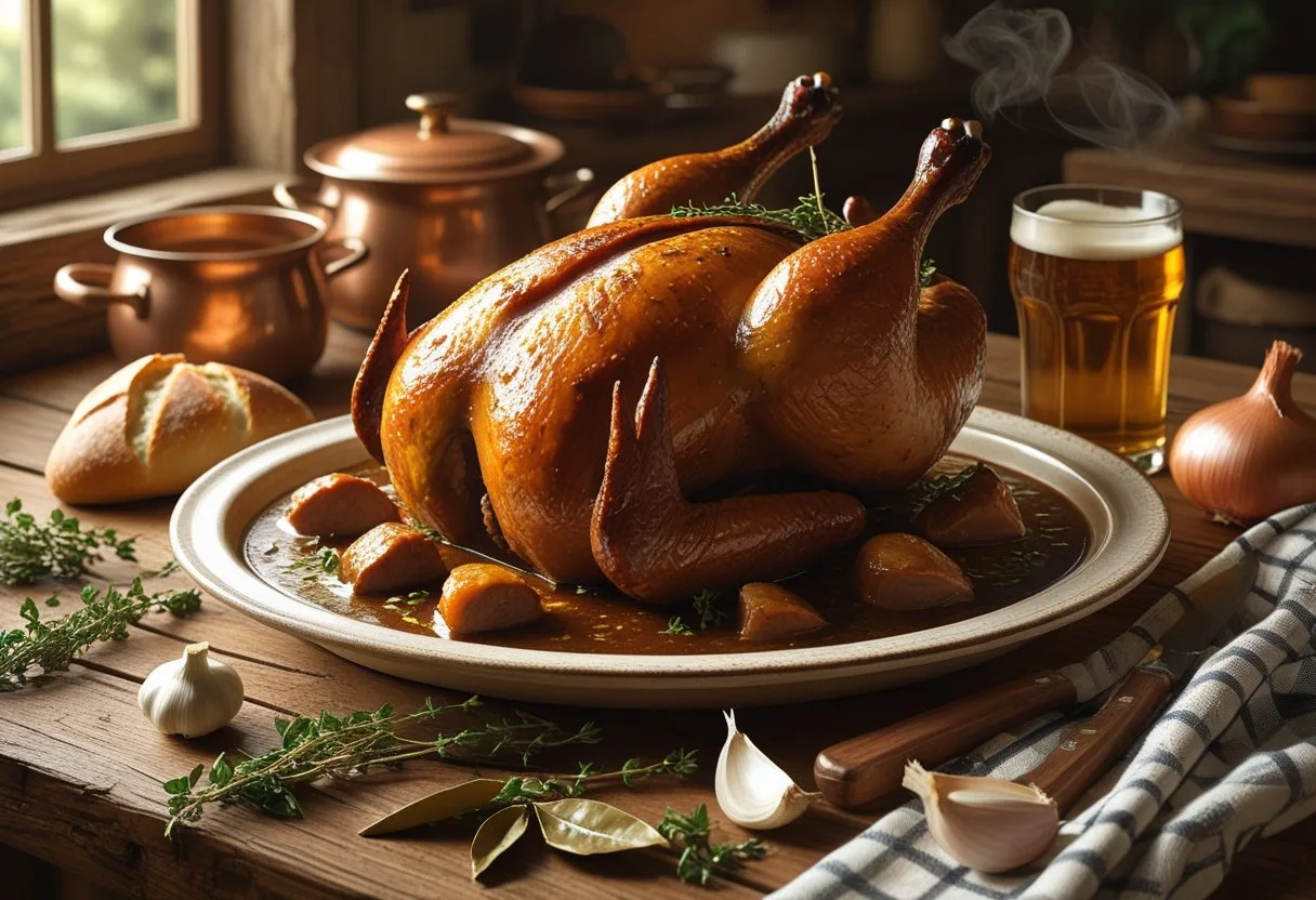 Un plat traditionnel français de coq à la bière posé sur une table en bois avec des herbes, une bouteille de bière et des éléments de cuisine en arrière-plan.