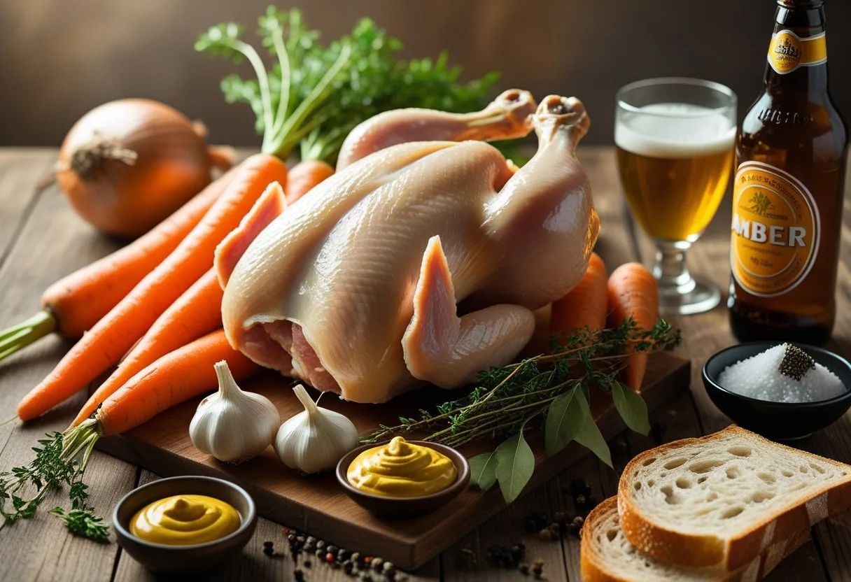 Une table en bois avec les ingrédients essentiels pour préparer un coq à la bière : morceaux de poulet, carottes, oignons grelots, ail, thym, feuilles de laurier, une bouteille de bière, moutarde, sel et poivre.