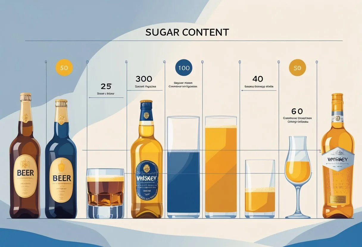 Illustration showing various alcoholic beverages with bars indicating the amount of sugar in each beverage, with beer highlighted.