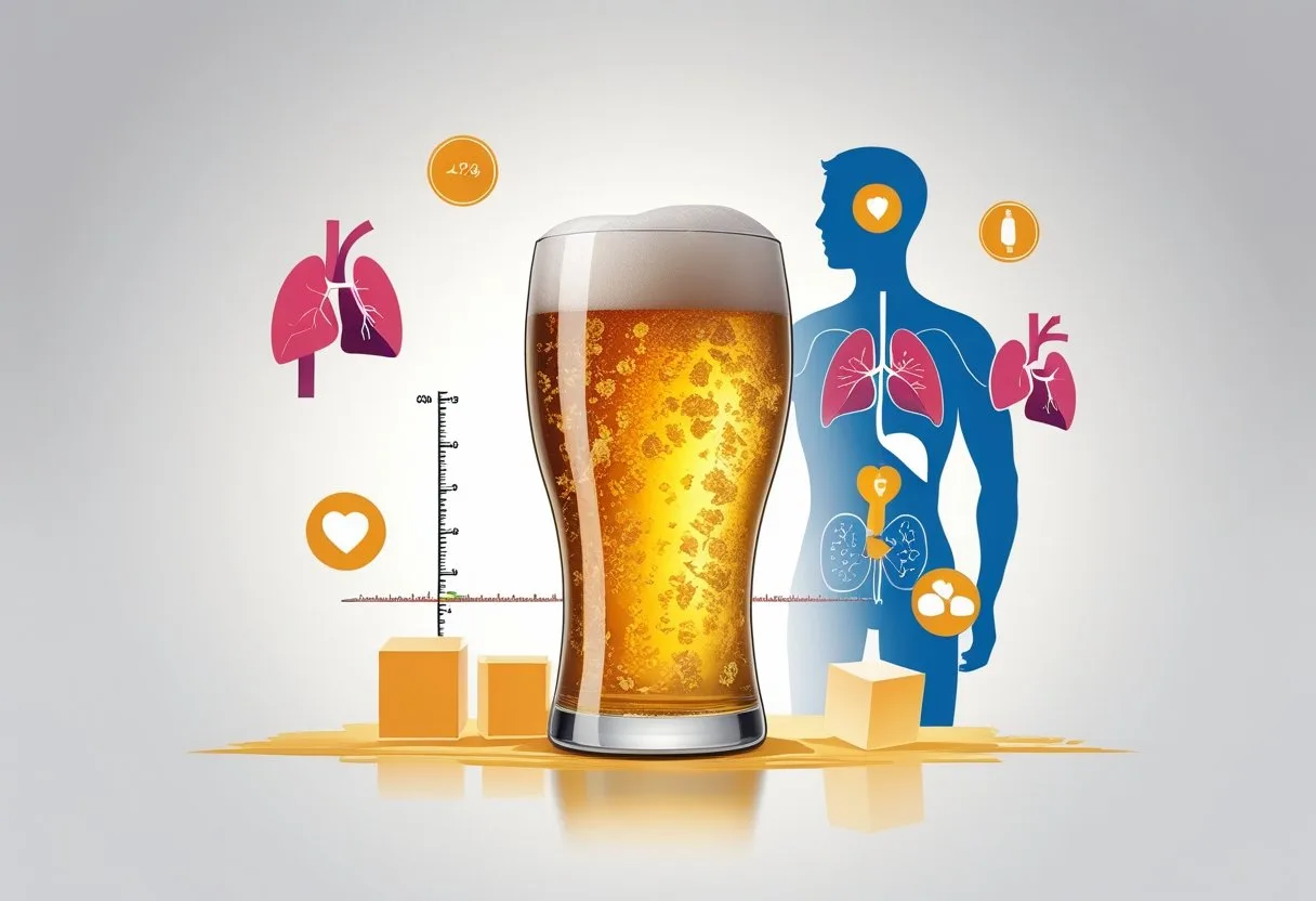 A glass of beer with visible sugar crystals, surrounded by illustrations showing the effects of sugar on health, such as a human body with the liver and heart highlighted, and icons representing weight gain and blood sugar levels.