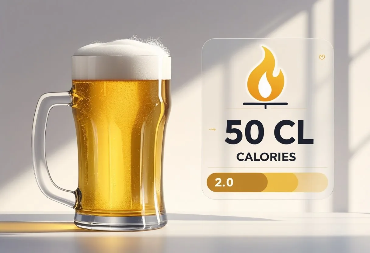 Un verre transparent rempli de bière dorée avec une mousse blanche, accompagné d'un symbole indiquant le nombre de calories.