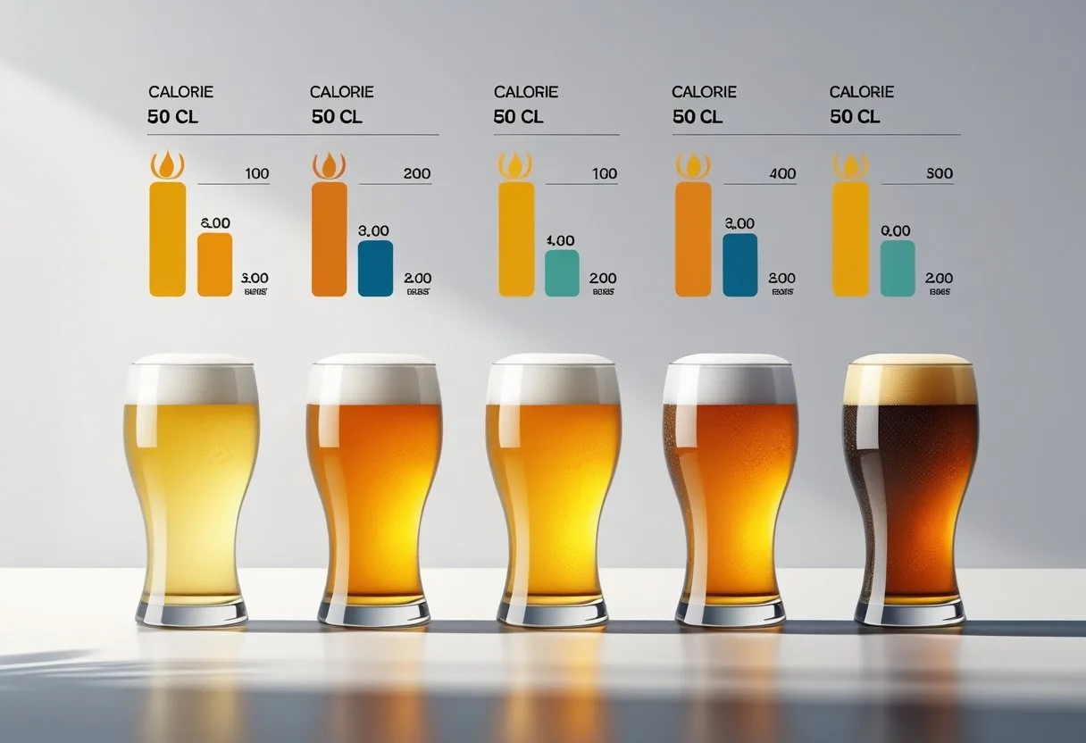 Five beer glasses of different colours lined up, each representing a variety of beer with visual calorie indicators for a 50 cl serving.