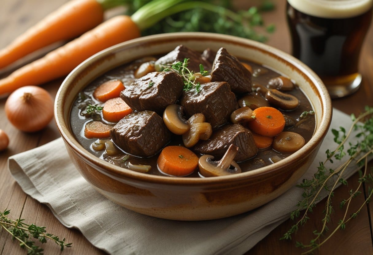 Un plat de bourguignon à la bière avec du bœuf, des carottes, des oignons et des champignons dans un bol sur une table en bois.