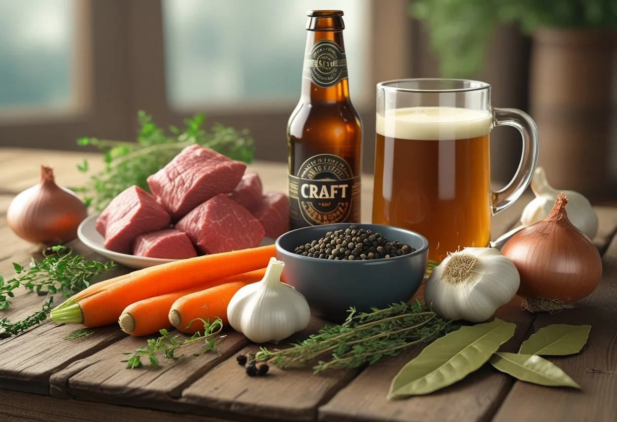 A wooden table with the essential ingredients for a beer-based beef stew: pieces of meat, a bottle of beer, pearl onions, carrots, garlic, thyme, bay leaves and pepper.
