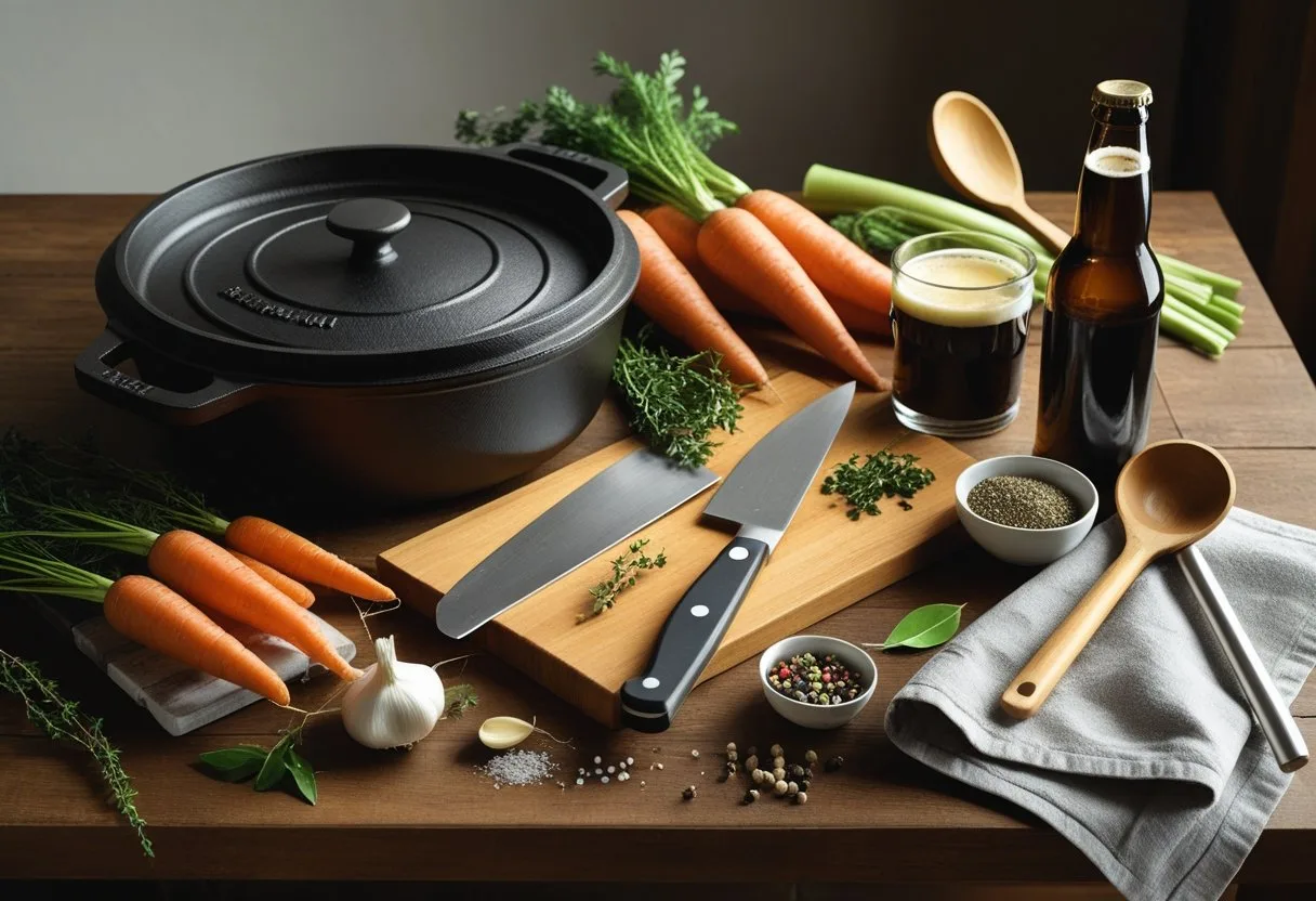A wooden table with the utensils and ingredients needed to prepare a beer bourguignon, including a cast iron casserole dish, a knife, a chopping board with vegetables, a bottle of beer, herbs and spices.