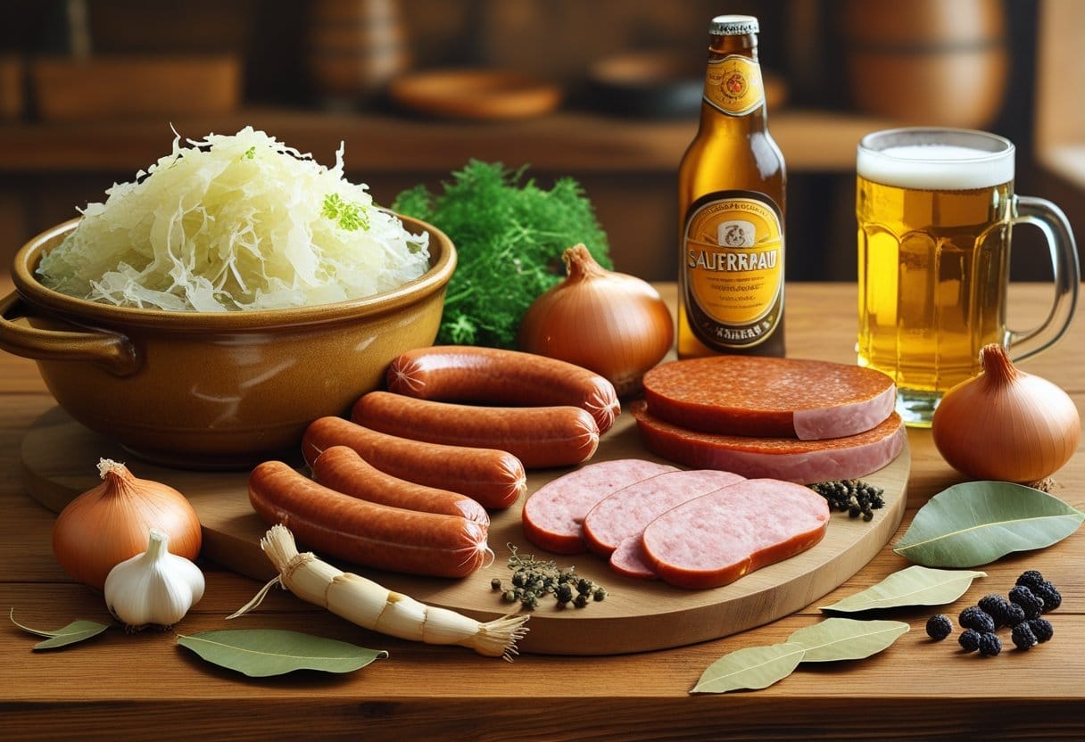 Une table en bois avec un bol de choucroute, différentes saucisses, des tranches de poitrine de porc, des oignons, de l'ail, des feuilles de laurier, des baies de genièvre et une bouteille de bière avec un verre.