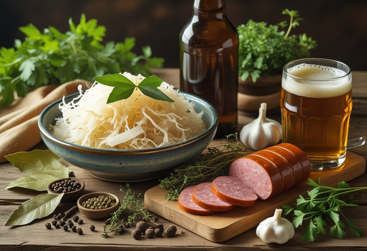 Une table en bois avec un bol de choucroute, des épices et aromates, une bouteille et un verre de bière, des tranches de saucisse fumée et des herbes fraîches.