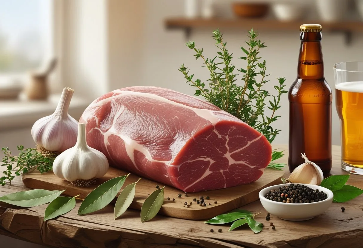 A wooden table with raw wild boar meat surrounded by garlic, thyme, bay leaves, pepper, chopped onions, and a bottle of beer with a glass.