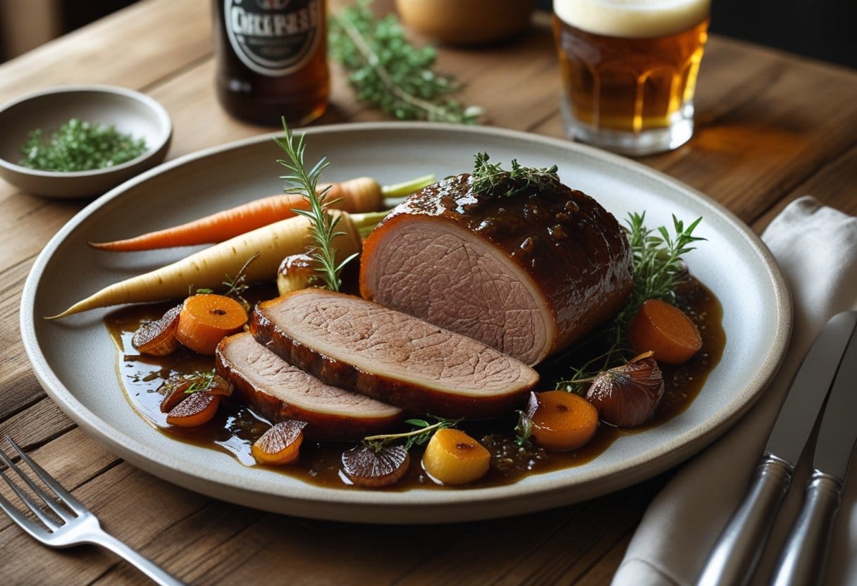 A dish of wild boar in beer, beautifully presented on a wooden table with roasted vegetables and fresh herbs, accompanied by a bottle and a glass of beer.