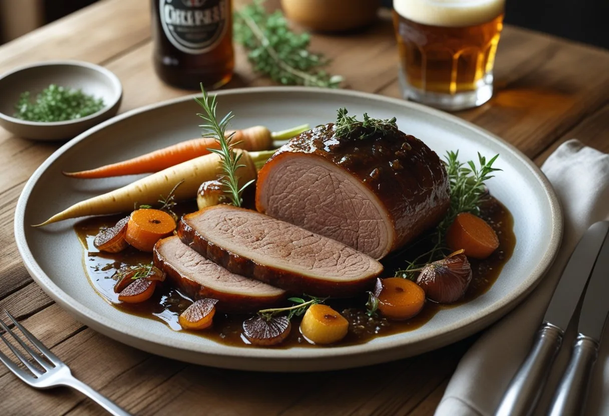 Un plat de sanglier à la bière joliment dressé sur une table en bois avec des légumes rôtis et des herbes fraîches, accompagné d'une bouteille et d'un verre de bière.