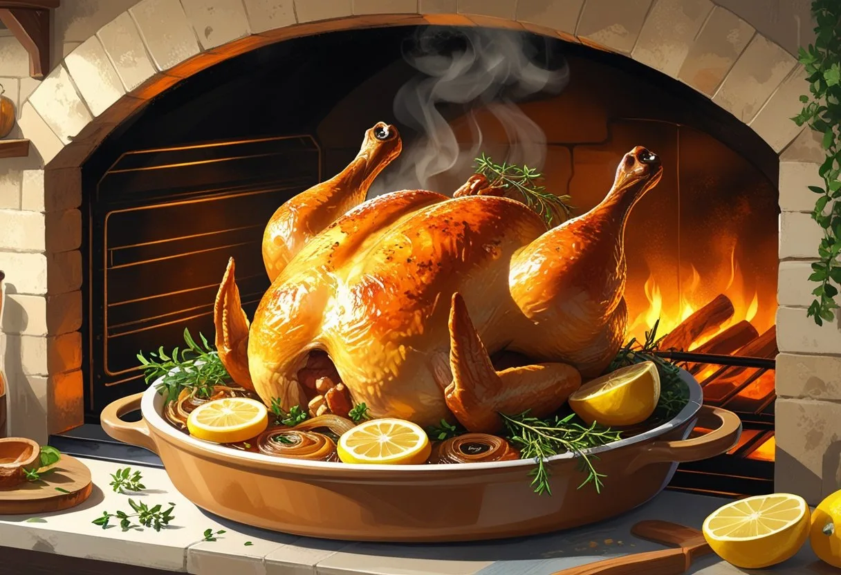 Un poulet entier rôti dans un four en pierre avec des herbes fraîches et des tranches de citron autour.