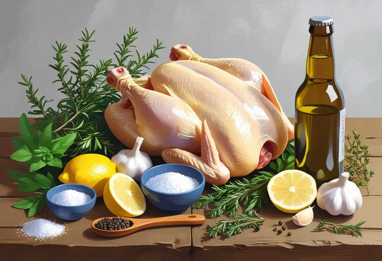 Une table en bois avec un poulet cru, une bouteille de bière, des herbes fraîches, des gousses d'ail, des citrons coupés, du sel, du poivre et de l'huile d'olive disposés soigneusement.