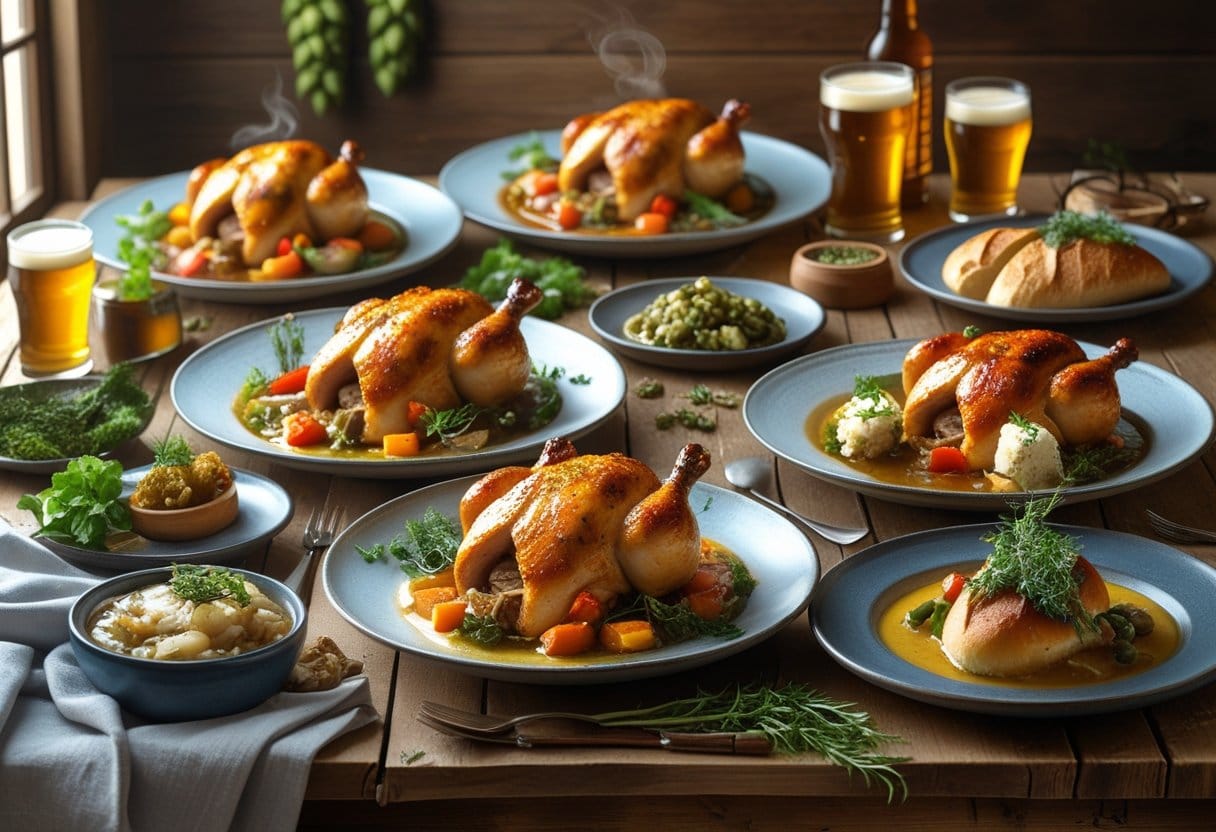 Several plates of oven-baked beer-braised chicken, each with various garnishes and side dishes representing different regions.