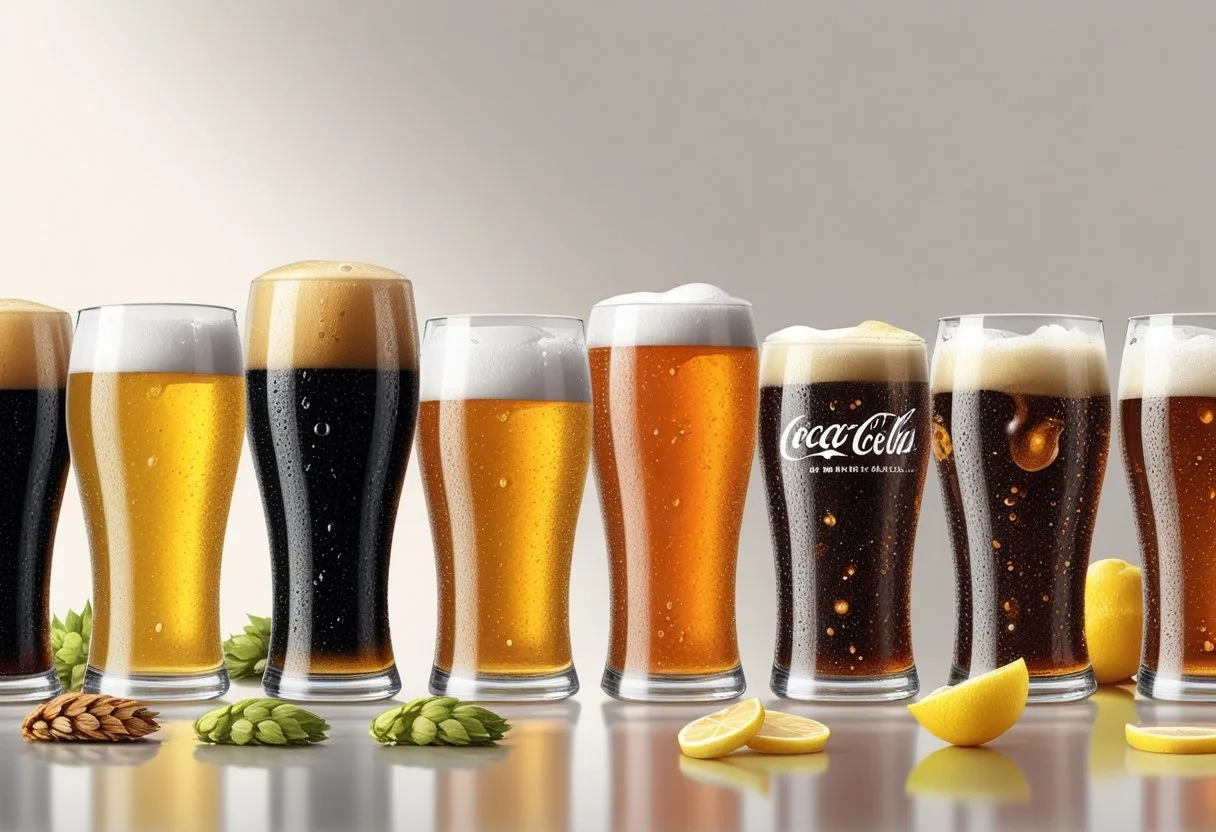 Différents verres de bière et de cola avec des ingrédients associés, montrant leurs goûts et textures variés.
