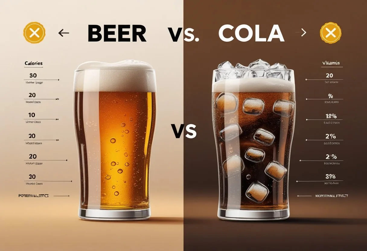 Illustration montrant une comparaison entre un verre de bière et un verre de cola avec des icônes représentant leurs effets sur la santé et leurs valeurs nutritionnelles.