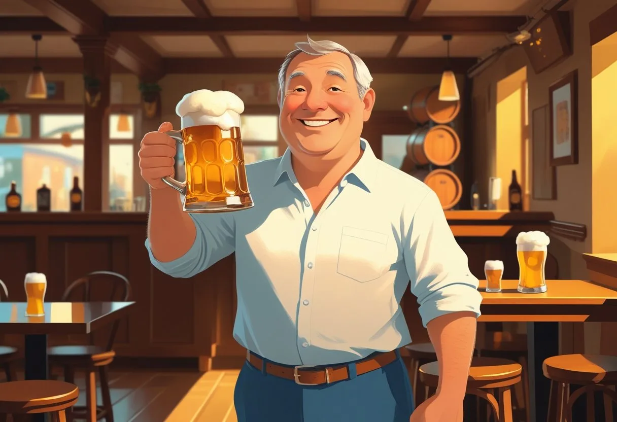 Un homme souriant tenant une grande chope de bière dans un pub chaleureux.
