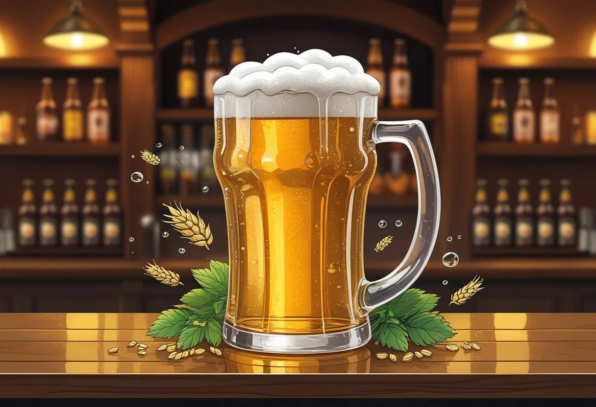Un verre de bière Duff froide et mousseuse posé sur un comptoir en bois dans un pub chaleureux.