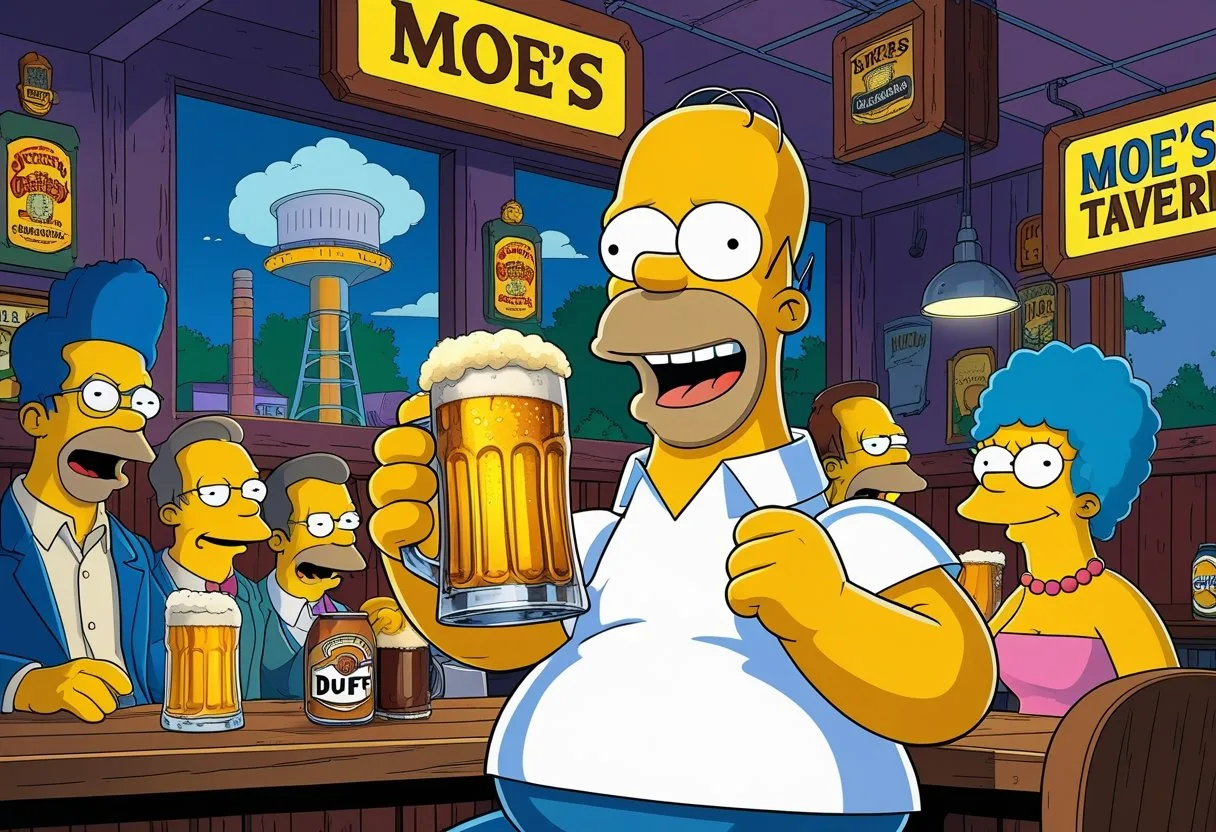 Homer Simpson tenant une chope de bière dans un bar animé avec des éléments de Springfield en arrière-plan.