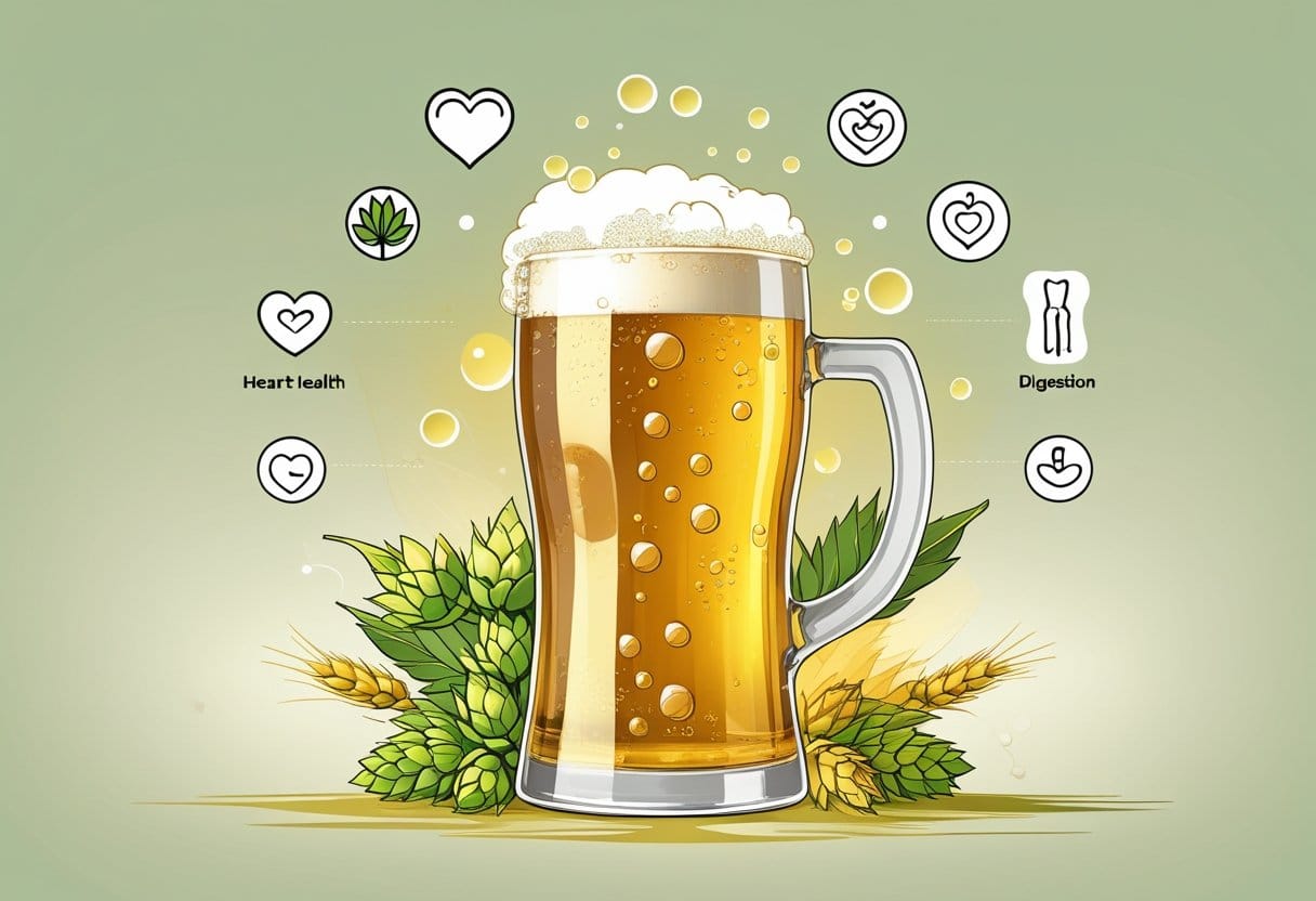 Une illustration montrant un verre de bière entouré d'ingrédients naturels et de symboles représentant la santé et le bien-être.