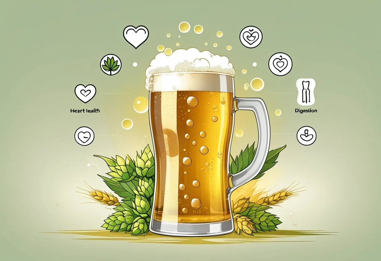 An illustration showing a glass of beer surrounded by natural ingredients and symbols representing health and wellbeing.