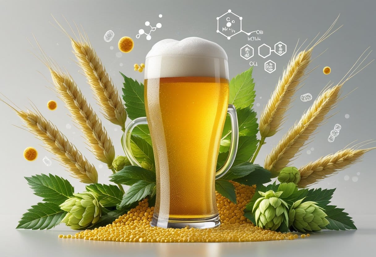 Un verre de bière dorée avec de la mousse, entouré d'ingrédients naturels comme l'orge, le houblon et la levure, avec des symboles représentant les nutriments et bienfaits de la bière.