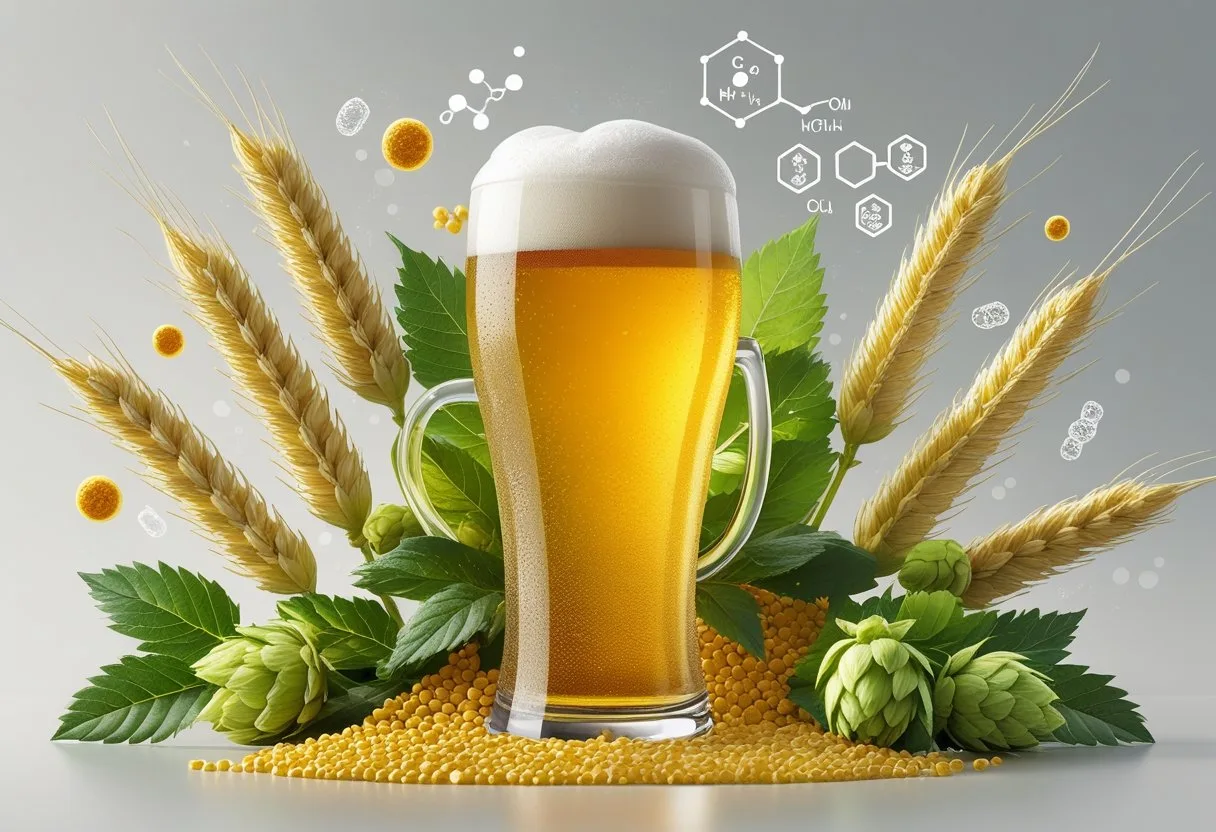 A glass of golden beer with foam, surrounded by natural ingredients such as barley, hops and yeast, with symbols representing the nutrients and benefits of beer.