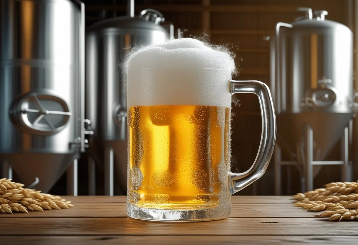Un verre de bière dorée avec une mousse blanche sur une table en bois, entouré de grains d'orge et d'équipements de brasserie en arrière-plan.