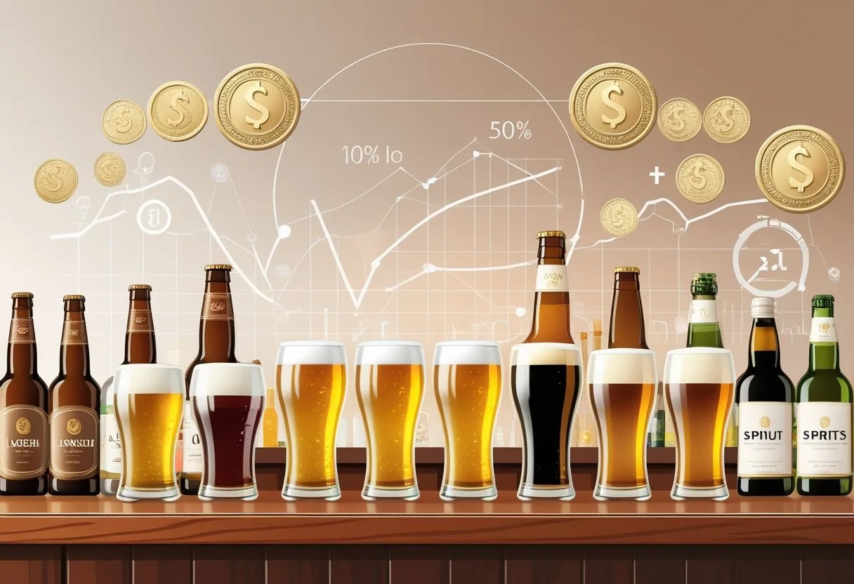 Une illustration montrant plusieurs verres de bière et bouteilles d'alcool sur un comptoir, avec des éléments graphiques évoquant la taxation en arrière-plan.
