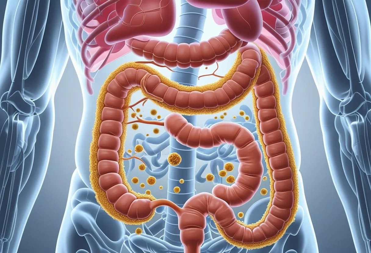 Illustration médicale montrant un torse humain transparent avec les intestins et des cellules de levure de bière en interaction dans le système digestif.