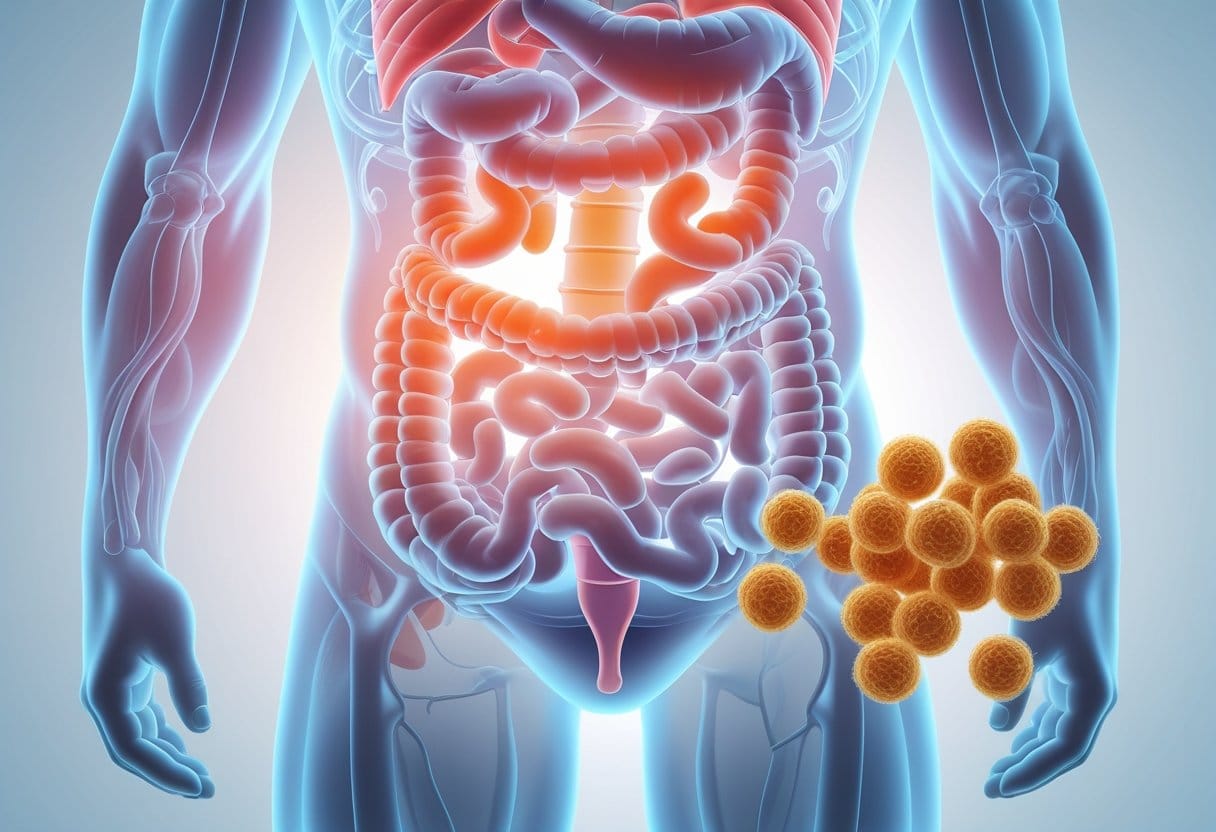 Illustration médicale montrant un torse humain transparent avec les intestins en surbrillance et des cellules de levure de bière à proximité.