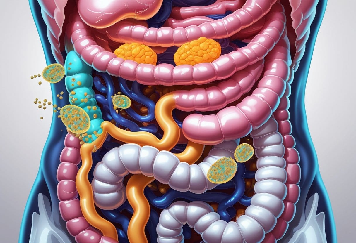 Vue en coupe de l’intestin montrant des cellules de levure de bière agissant pour apaiser et équilibrer l’intestin dans le cas du syndrome de l’intestin irritable.