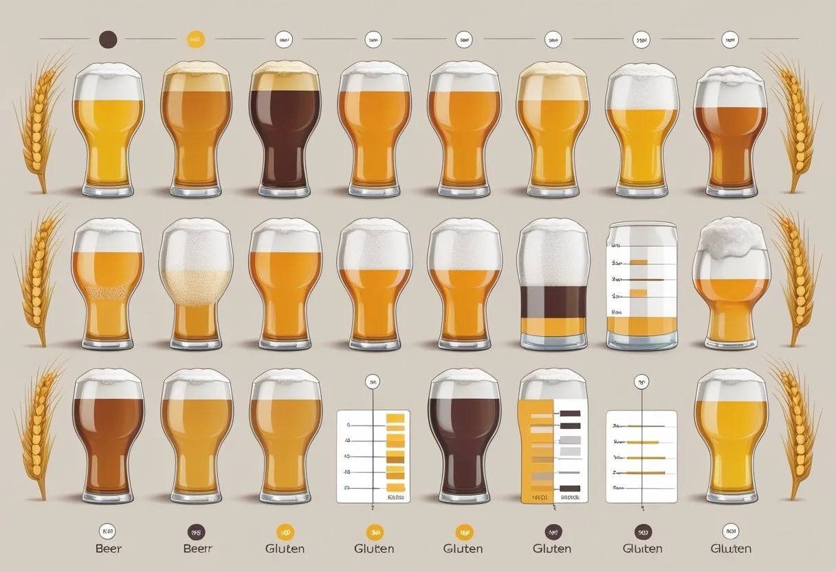 Different types of beer presented with visual indicators of gluten content, without text.