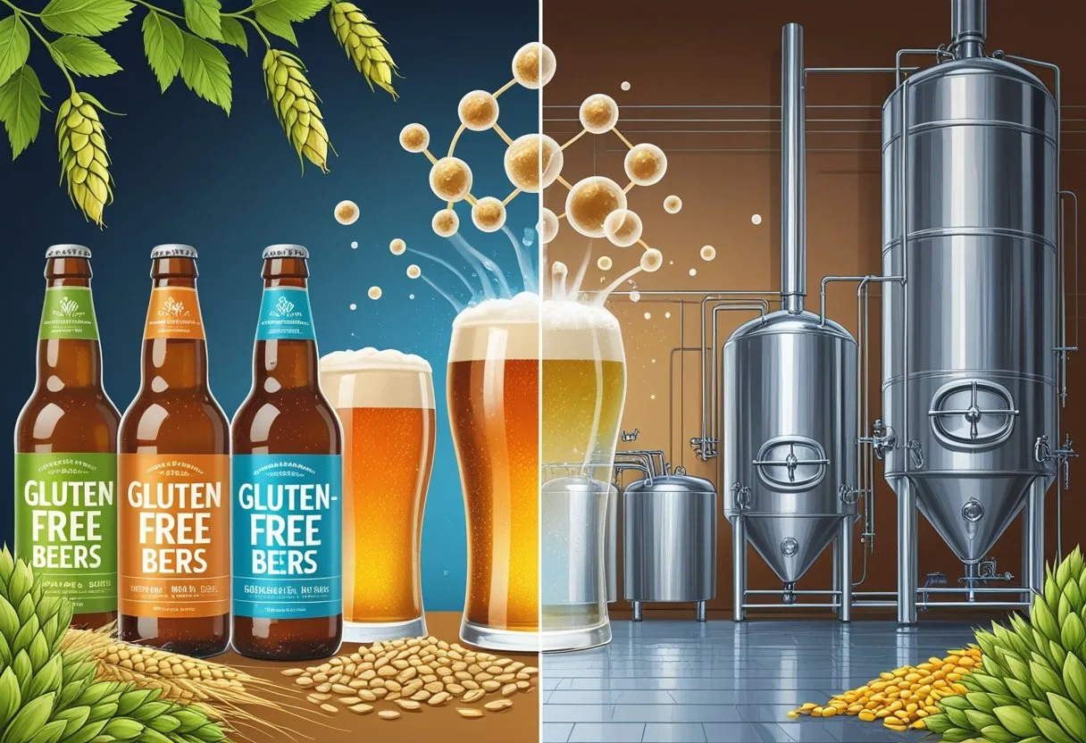 Illustration showing gluten-free beers with natural ingredients on one side and a beer-making process with gluten on the other, separated by a representation of gluten filtration.