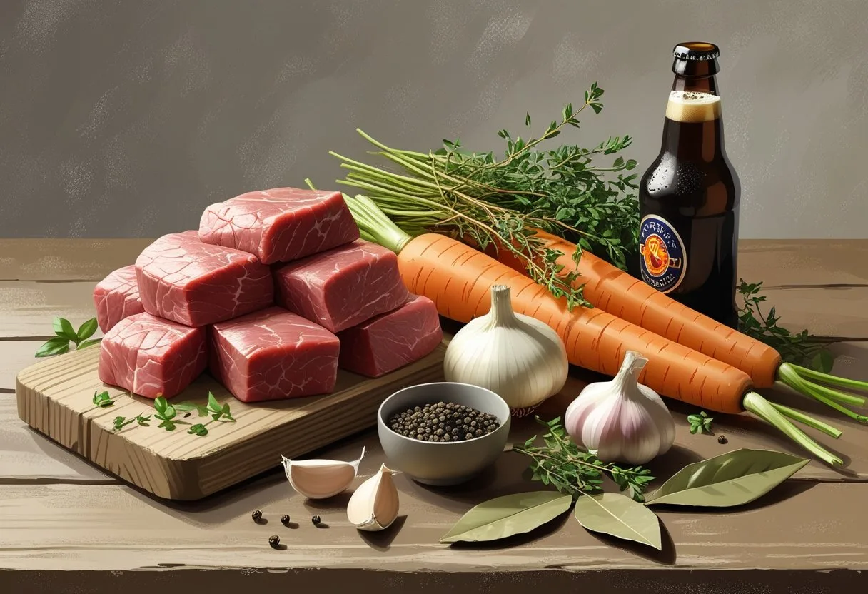 Ingrédients frais disposés sur une table en bois pour préparer un boeuf à la bière, comprenant du bœuf, une bouteille de bière, des carottes, des oignons, de l'ail et des herbes.