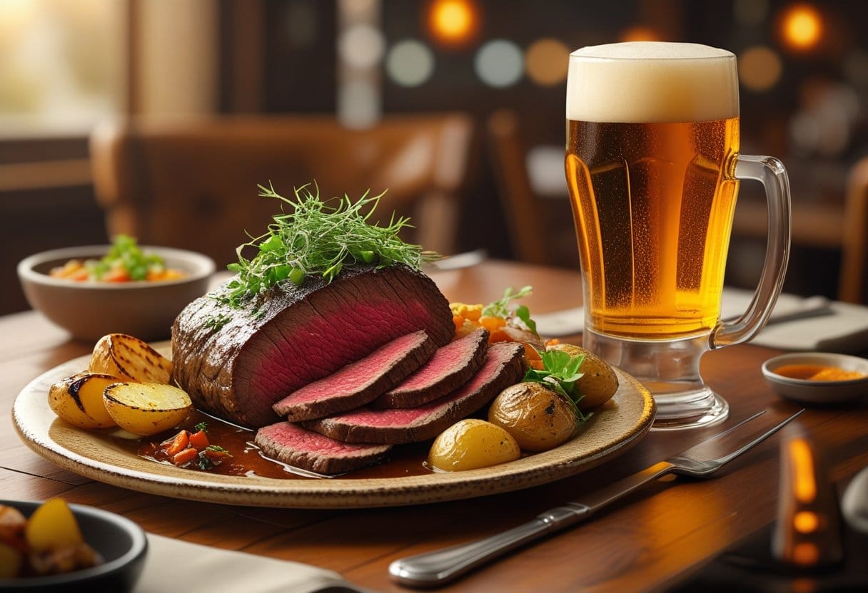Une assiette de boeuf accompagné de légumes et pommes de terre, avec un verre de bière à côté sur une table en bois dans un restaurant chaleureux.