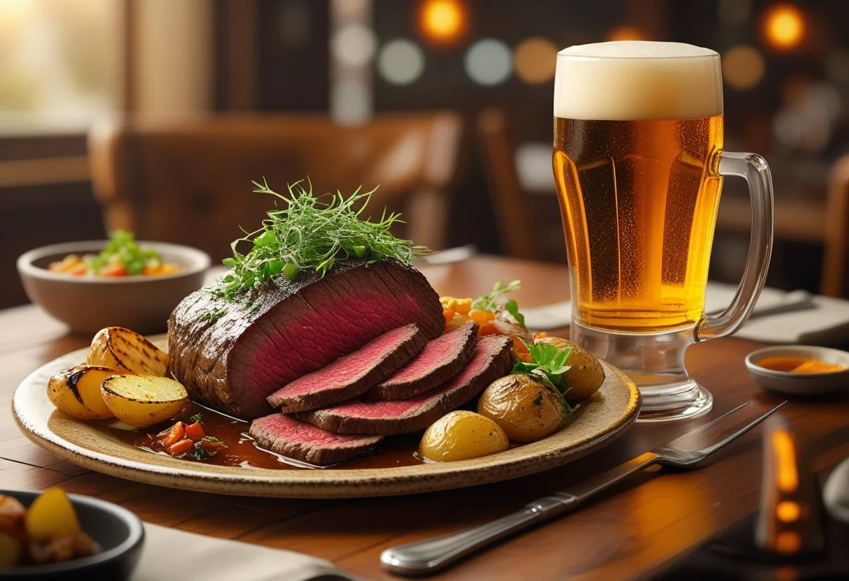 Une assiette de boeuf accompagné de légumes et pommes de terre, avec un verre de bière à côté sur une table en bois dans un restaurant chaleureux.