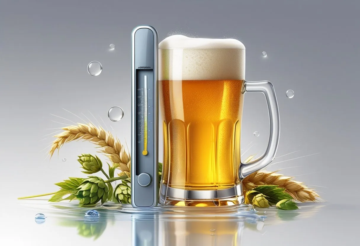 Un verre de bière dorée avec une mousse blanche, accompagné d'un alcoomètre partiellement immergé dans un liquide clair, entouré de grains d'orge et de cônes de houblon.