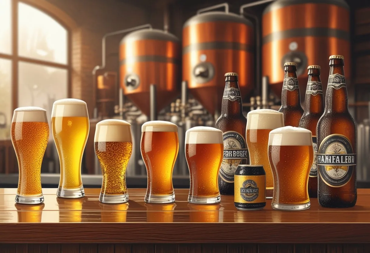 Différents verres et bouteilles de bières spéciales et bières sans alcool posés sur un comptoir en bois, avec en arrière-plan des cuves de brassage floues.