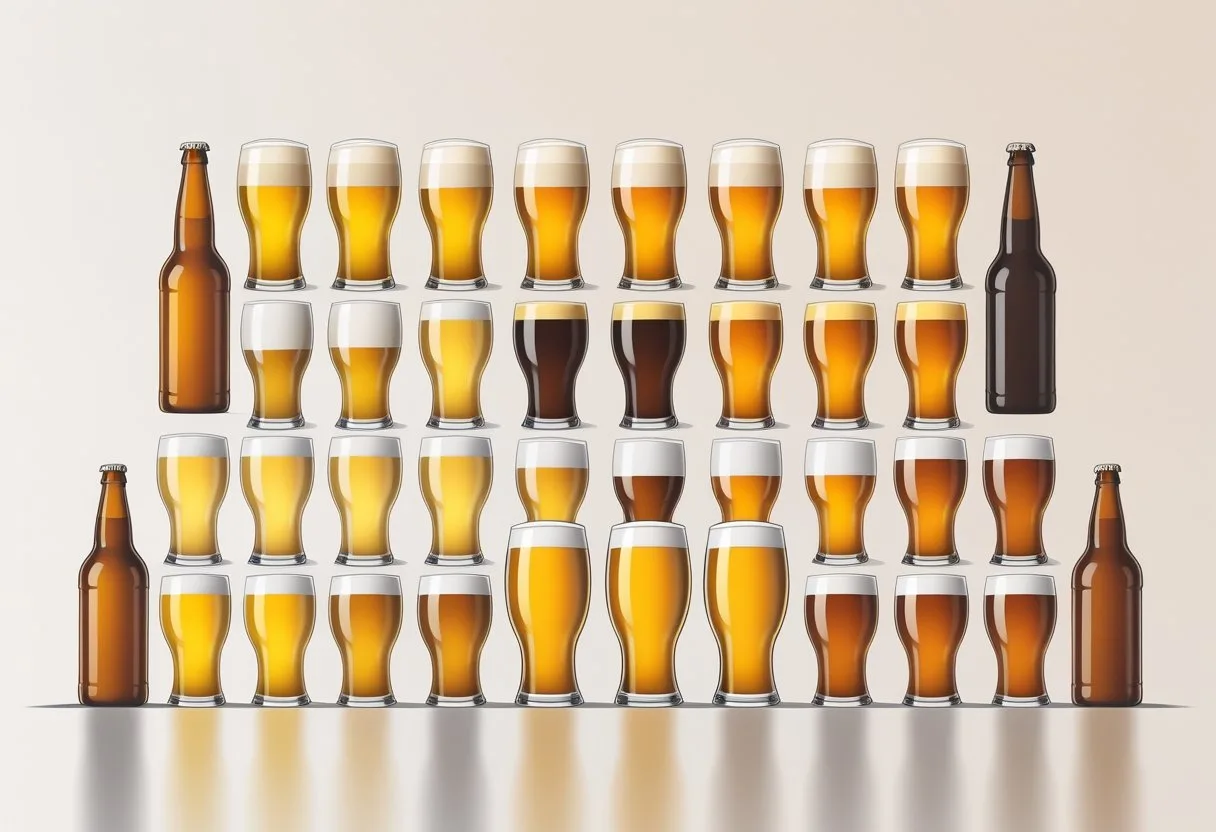 Illustration professionnelle montrant plusieurs verres et bouteilles de bière de différentes couleurs et intensités, disposés de manière ordonnée sur un fond clair.