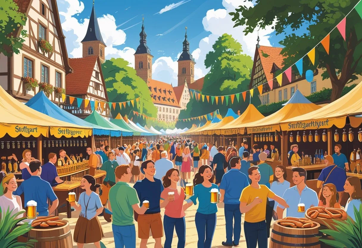 Foule joyeuse célébrant un festival de la bière en plein air à Stuttgart avec des stands de bière, de la nourriture traditionnelle et des musiciens en arrière-plan.
