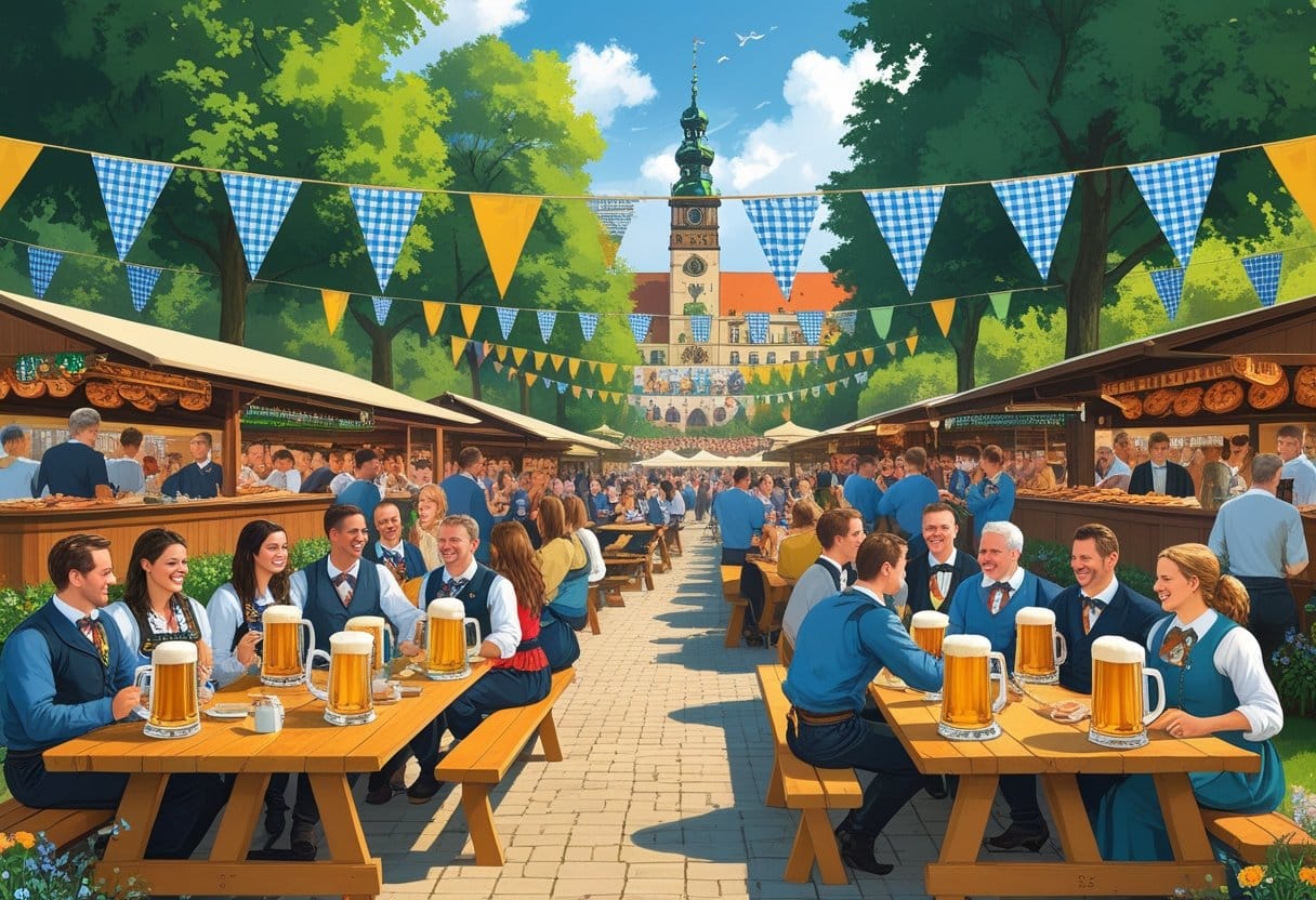 A lively scene from a beer festival in Stuttgart with people in traditional dress drinking beer in an open-air beer garden, surrounded by festive decorations and a band playing music.