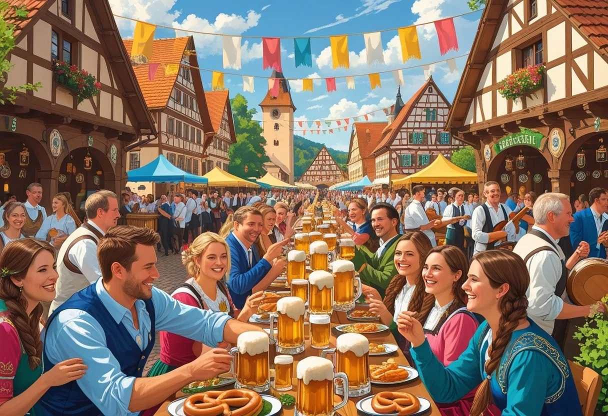 Une scène animée d'un festival de la bière à Stuttgart avec des personnes en costumes traditionnels, des tables en bois, des chopes de bière et des bâtiments typiques en arrière-plan.