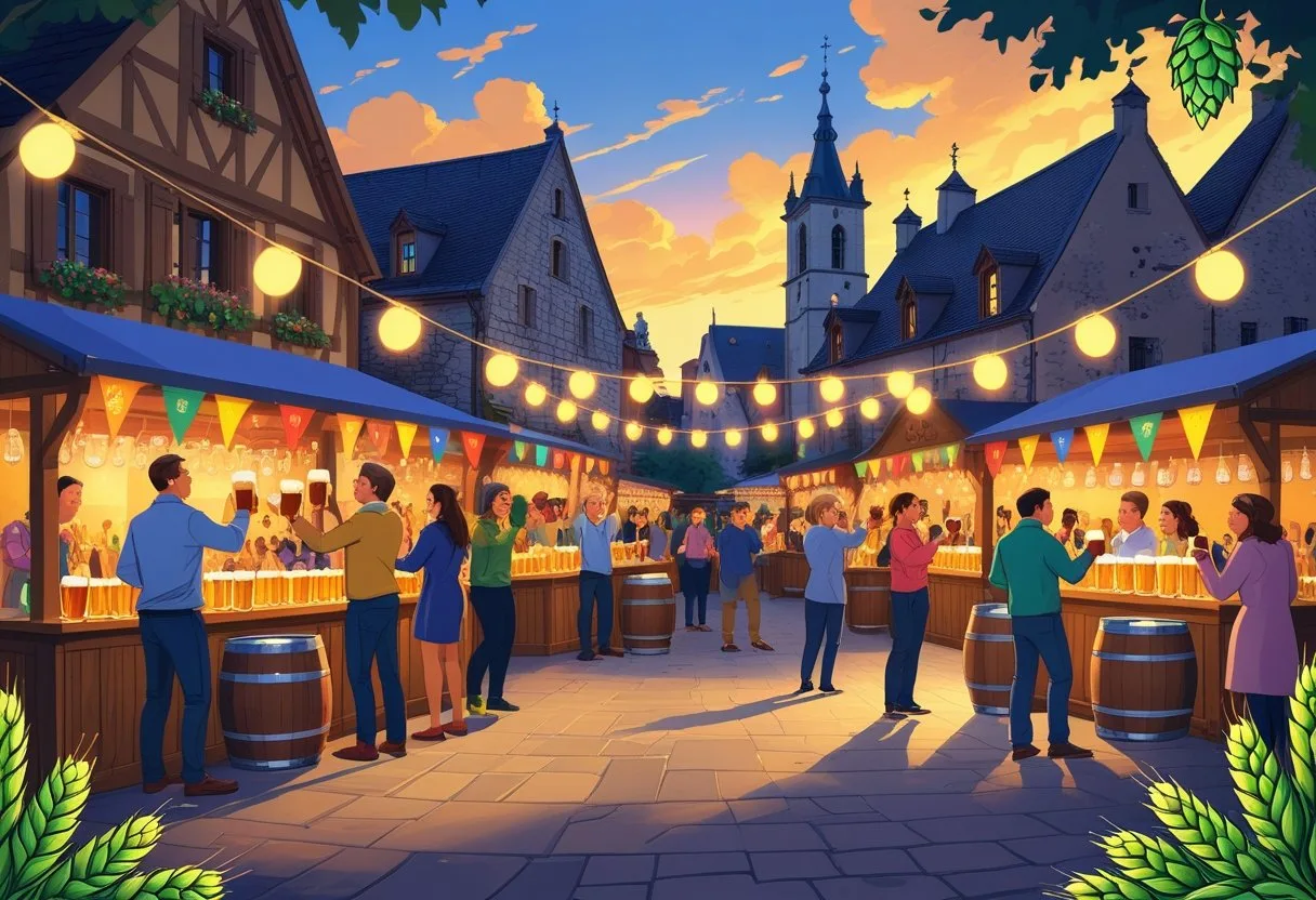 Une scène animée d'une fête de la bière en plein air à Saint-Quentin avec des stands en bois, des personnes qui trinquent et des bâtiments historiques en arrière-plan.