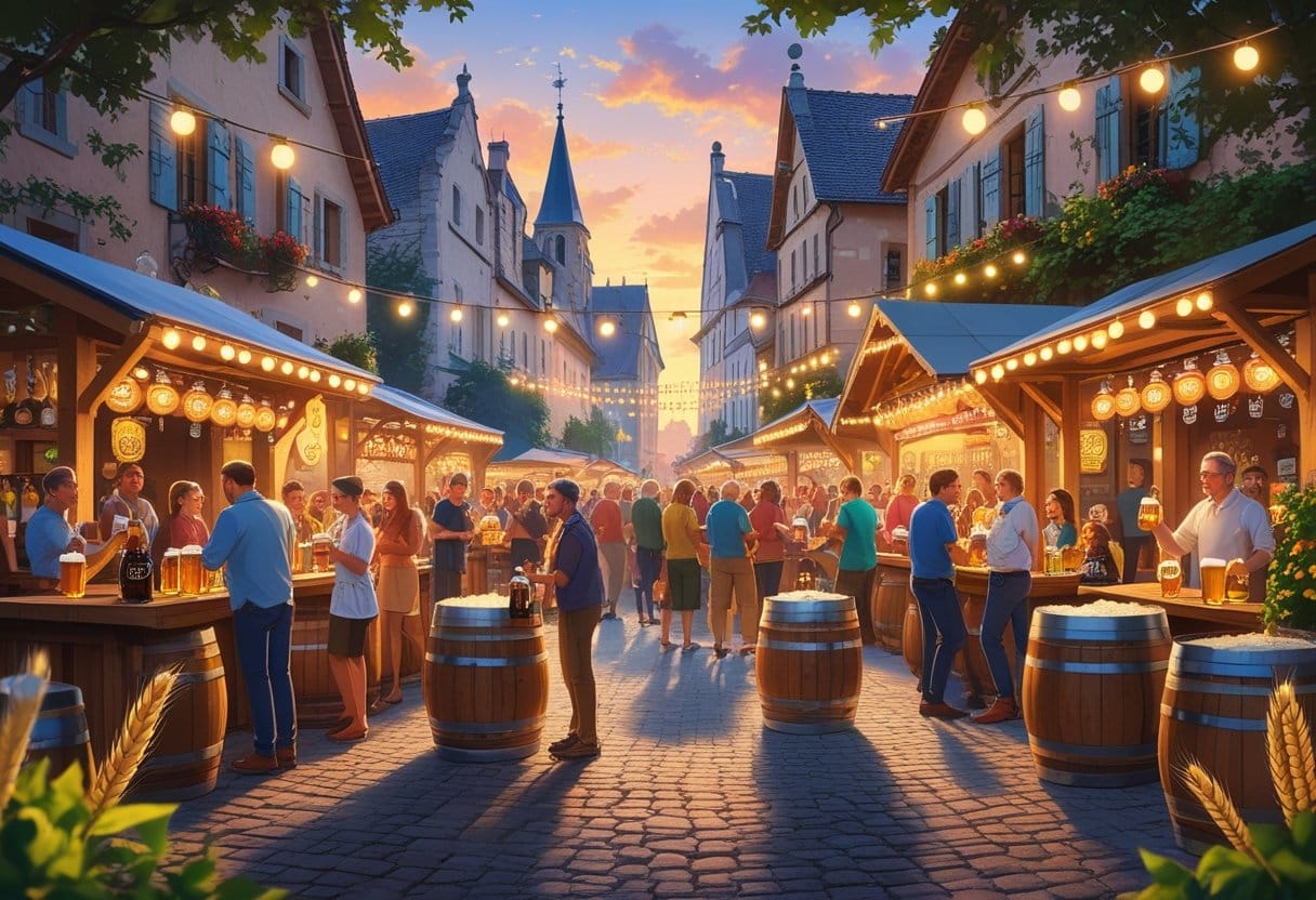 A lively scene from an outdoor beer festival in Saint Quentin, with people tasting beer and enjoying the event in a historic town square.